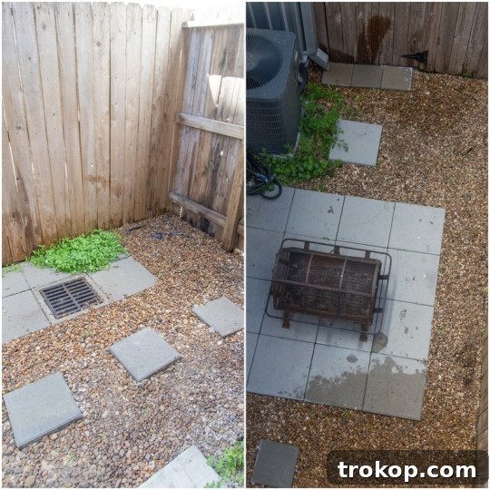 Before photo of a neglected small urban backyard space