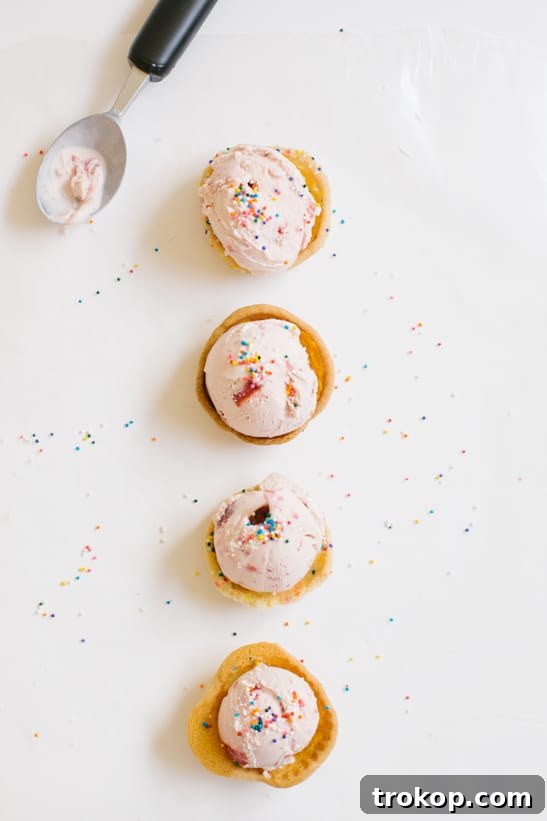 Two beautifully presented Ice Cream Cookie Cups, topped with vibrant sprinkles, awaiting their moment of delight.