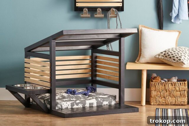 Craft the Perfect Canine Retreat: DIY Dog House Ideas 4 Modern Indoor Doghouse with Slatted Walls and Feeding Station