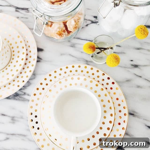 May 23 Backstage Look 5 Chic gold-foiled polka dot plates, ideal for a stylish birthday party or special event celebration
