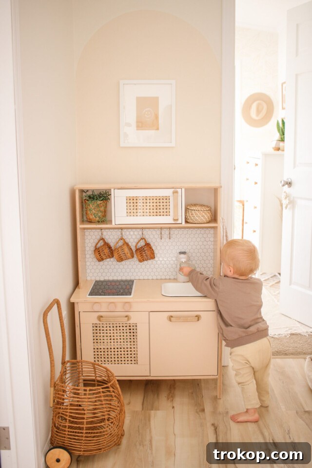 DIY Boho Functional Ikea Play Kitchen Hack with Rattan Doors