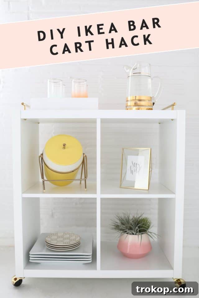 An overhead shot of the completed DIY Ikea bar cart hack, showcasing its modern design and storage capabilities.