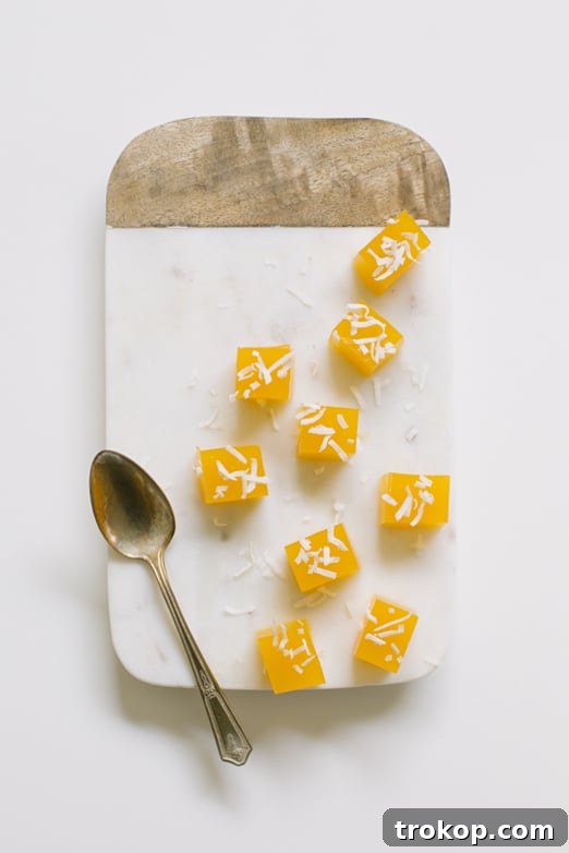 Perfect summer fruit salad mango jello bites with coconut flakes