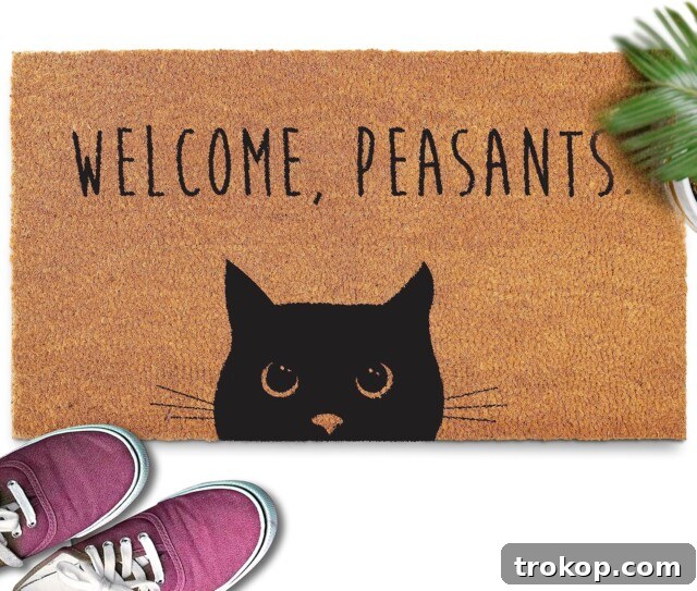 Welcome Peasants Doormat, a humorous and durable gift for cat lovers