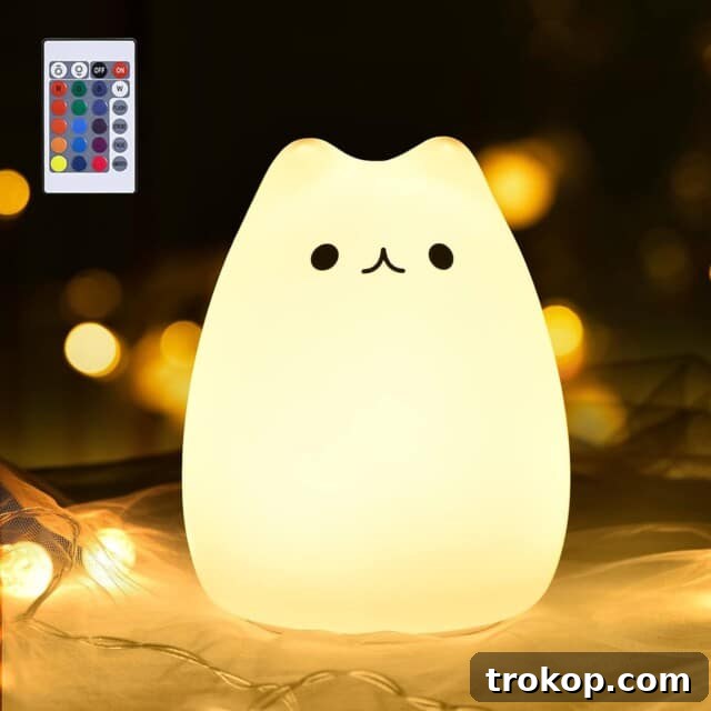Cat Night Light, a soft silicone, BPA-free night light with adjustable colors and auto shut-off for cat lovers and kids