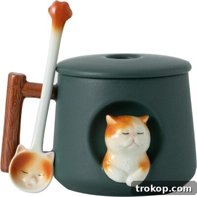 Ceramic Cat Mug with Lid and Spoon, a whimsical gift for cat lovers