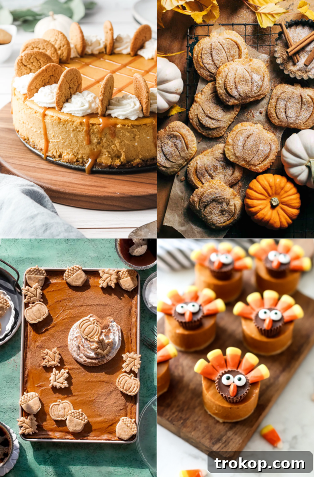 Thanksgiving Dessert Ideas and Recipes - A vibrant array of fall-themed desserts, including pies, tarts, and decorated treats, perfect for holiday gatherings.