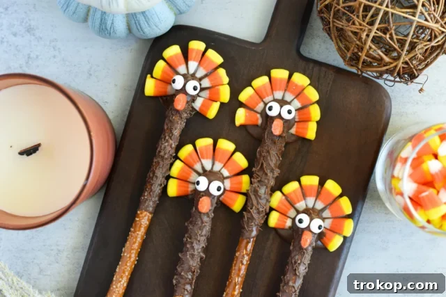 Easy and adorable Thanksgiving turkey pretzel rods, decorated with candy and chocolate, offering a sweet and salty holiday snack.