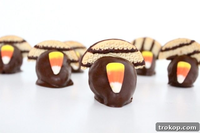 Adorable chocolate covered strawberry turkeys with fudge cookie feathers and candy corn beaks, perfect for a fun Thanksgiving treat.