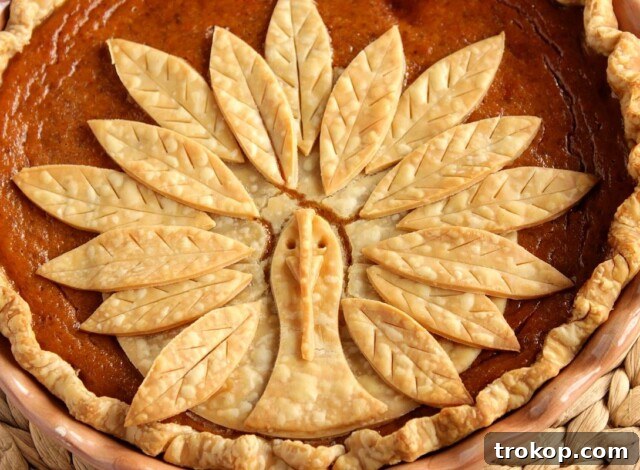 Thanksgiving turkey crust pumpkin pie: a classic pumpkin pie with a festive and easy-to-make flaky turkey topping made from pie crust.