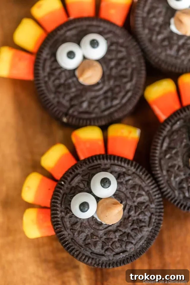 Adorable no-bake Oreo turkeys decorated with candy corn feathers and candy faces, an easy and festive Thanksgiving craft.