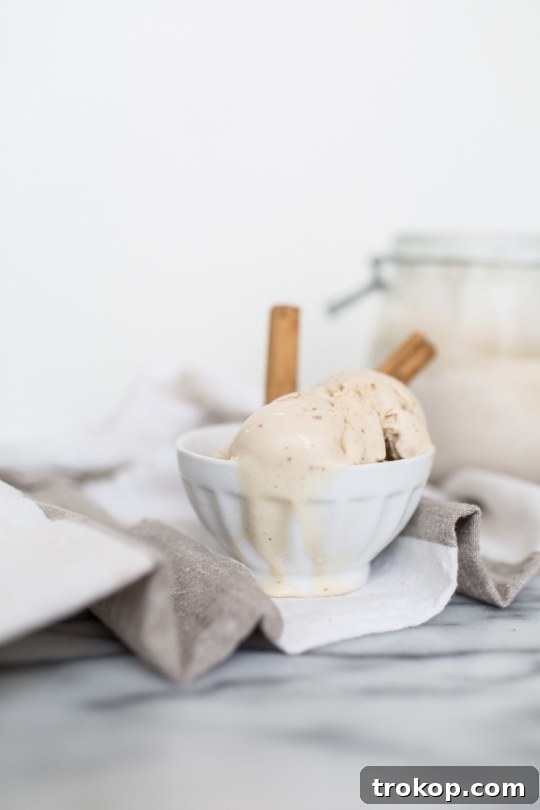 Chai Spice Ice Cream Bliss 5 Freshly churned Homemade Chai Latte Ice Cream being scooped into a container.