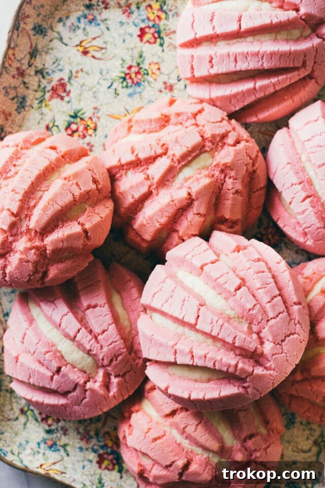 34 Irresistible Valentine's Day Treats 21 Sweet and festive pink conchas pan dulce, soft Mexican sweet rolls with a signature shell-shaped topping in a cheerful pink hue, ideal for Valentine's Day.