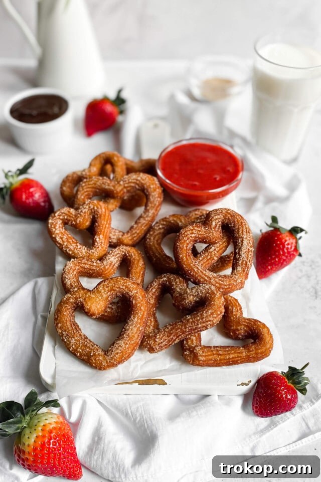 34 Irresistible Valentine's Day Treats 25 Crispy, golden-brown heart-shaped churros, dusted with cinnamon sugar, perfect for dipping in chocolate sauce, an irresistible Valentine's Day treat.
