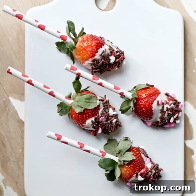 34 Irresistible Valentine's Day Treats 26 Fresh, juicy strawberries dipped in rich melted chocolate and placed on sticks, creating delightful and easy-to-make, kid-friendly chocolate covered strawberry pops.