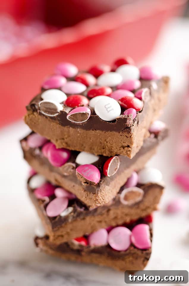 34 Irresistible Valentine's Day Treats 36 Decadent triple chocolate peanut butter no-bake bars, ready in 15 minutes, layering rich chocolate flavors with a smooth, nutty peanut butter filling, a perfect quick indulgence.