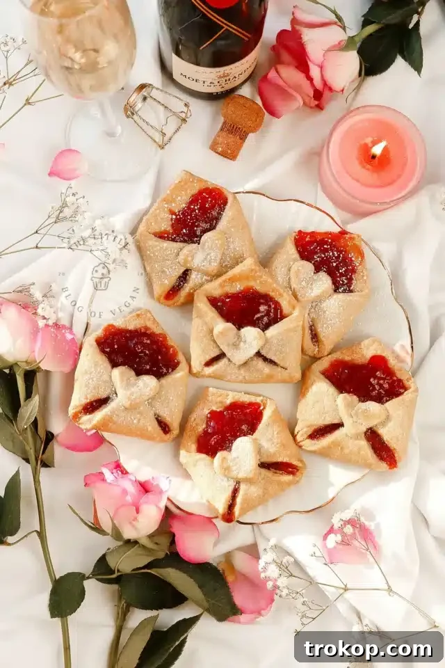 34 Irresistible Valentine's Day Treats 7 Charming vegan love letter pastries, shaped like envelopes, filled with strawberry jam, and sealed with a heart, ideal for a plant-based Valentine's treat.