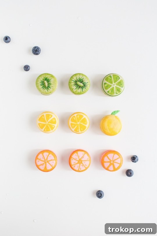 Vibrant assortment of homemade fruit-themed macarons.