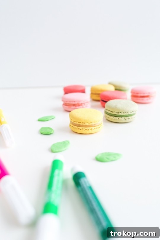 Artfully arranged fruit macarons on a dessert platter.