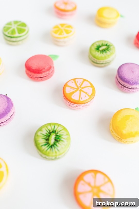 Freshly decorated fruit macarons, ready for storage.