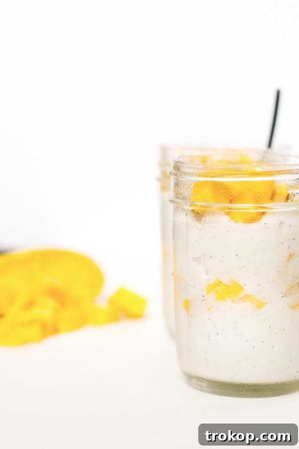 Tropical Mango Coconut Delight 4 Fresh ingredients for Mango Coconut Pudding: whole mangoes, a can of coconut milk, and a vanilla bean