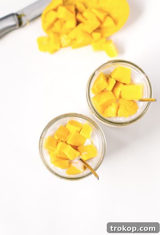 Tropical Mango Coconut Delight 9 A bowl of finished Mango Coconut Pudding topped with fresh mango and a spoon ready to be enjoyed