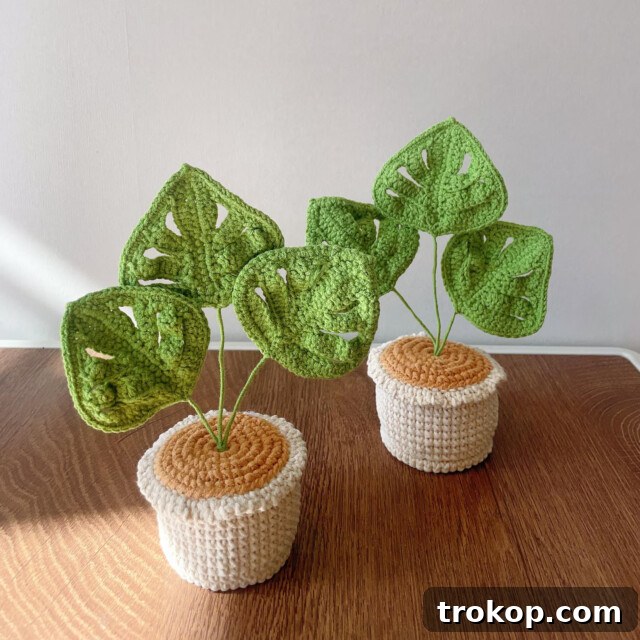 Crochet Mini Monstera plant, a cute accessory for a desk without maintenance.