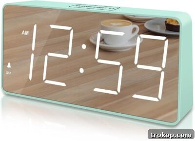 Peakeep Digital Clock, Alarm Clock Battery Backup Powered for Bedrooms - Mirror Face Large Numbers 6 Dimmers for Seniors.