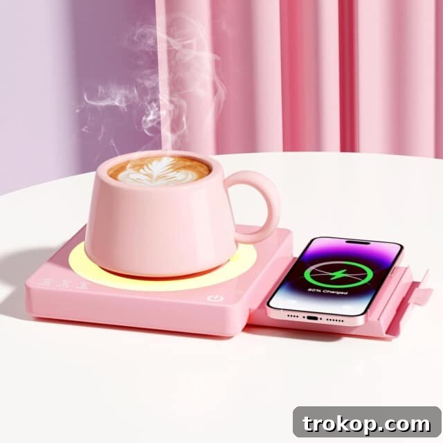 Pink Mug Warmer with 15W Wireless Charging, a cute accessory for desk comfort and tech.