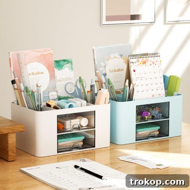 Marbrasse Pen Organizer with 2 Drawers, Multi-Functional Pencil Holder for Desk, Desk Organizers and Accessories with 5 Compartments + Drawer for Office Art Supplies.