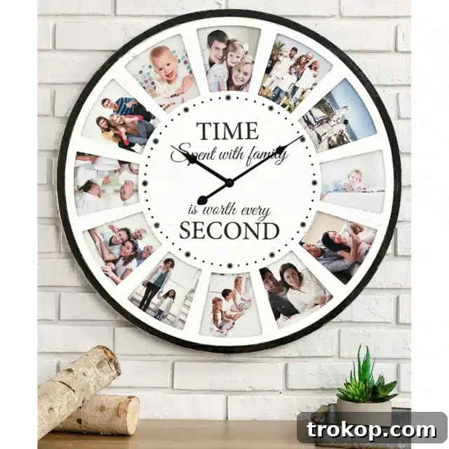 12 Photo Collage Family Quote Wood Wall Clock, Rustic Farmhouse Wall Clock, Large Oversized Wall Clock for Home, Kitchen, Living Room, Silent Battery Powered 24 Inch White