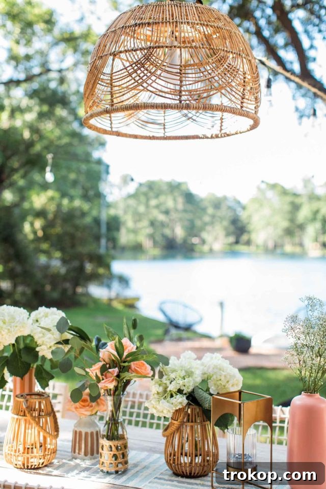 a patio lighting idea with a basket and flowers