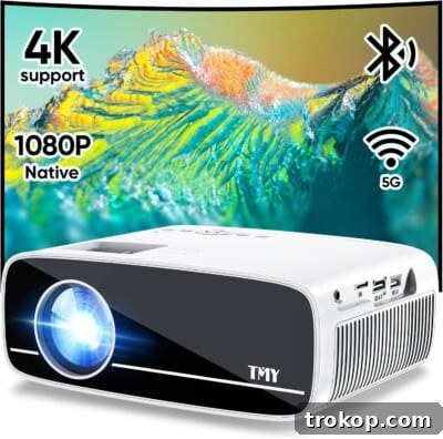 TMY Native 1080P Projector with 5G WiFi and Bluetooth 5.1, 4K Supported Mini Projector, Portable Projector Compatible with TV Stick/Phone/PC/DVD/HDMI/USB/TF, Outdoor Movie Projector