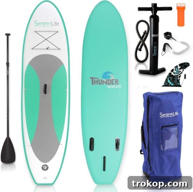 37 Must Have Beach Toys for Endless Vacation Entertainment 16 SereneLife Inflatable Stand Up Paddle Board with Premium SUP Accessories – Wide Stable Design with Non-Slip EVA Deck Pad for Adults and Youth for best beach toys