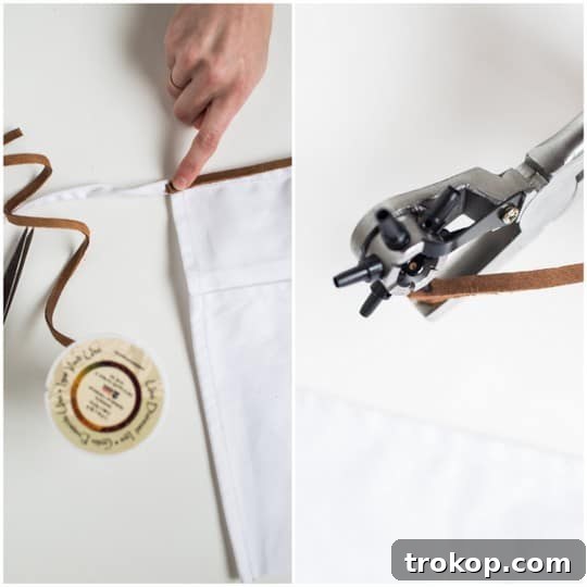 Whip Up a Stitchless Apron 6 Attaching leather lace with rivets to a DIY apron