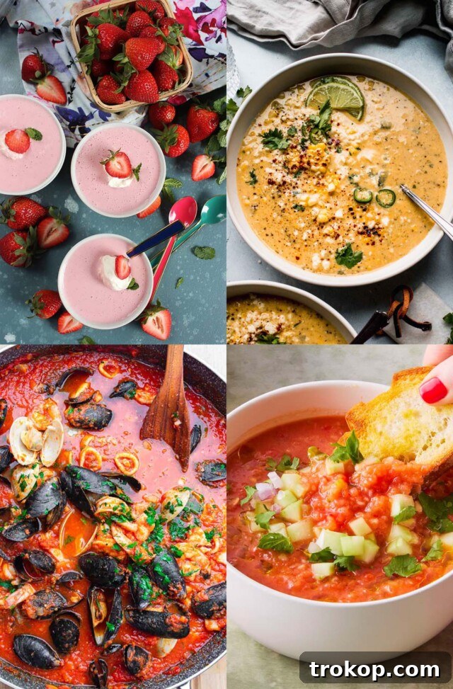 A vibrant selection of refreshing summer soups, perfect for hot weather dining