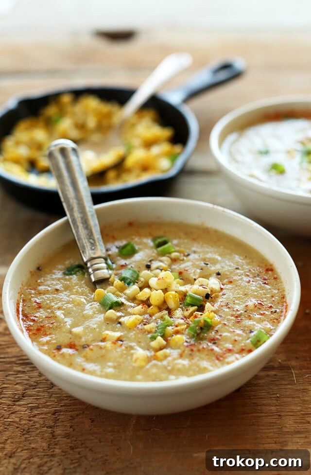 Simple, creamy summer corn soup, vegan and gluten-free