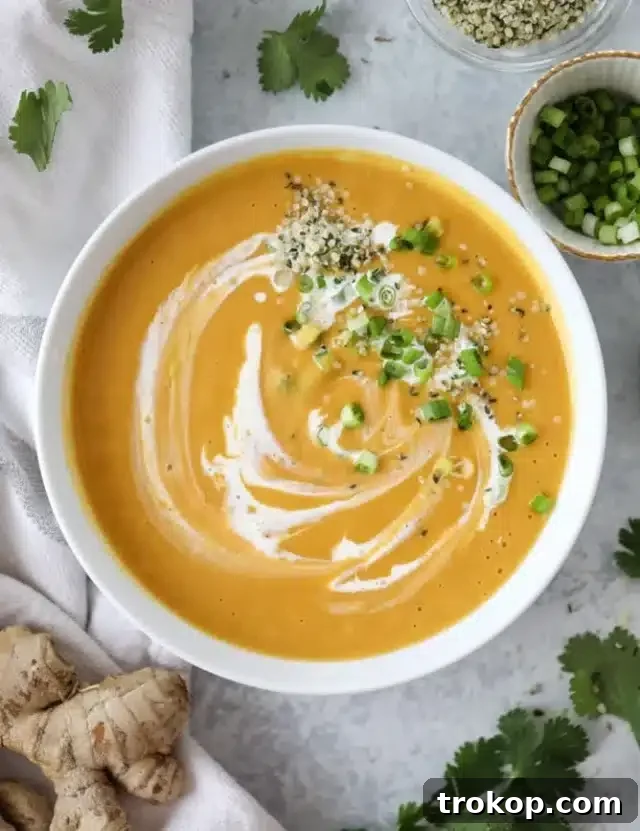 Silky smooth ginger sweet potato soup, vegan and dairy-free