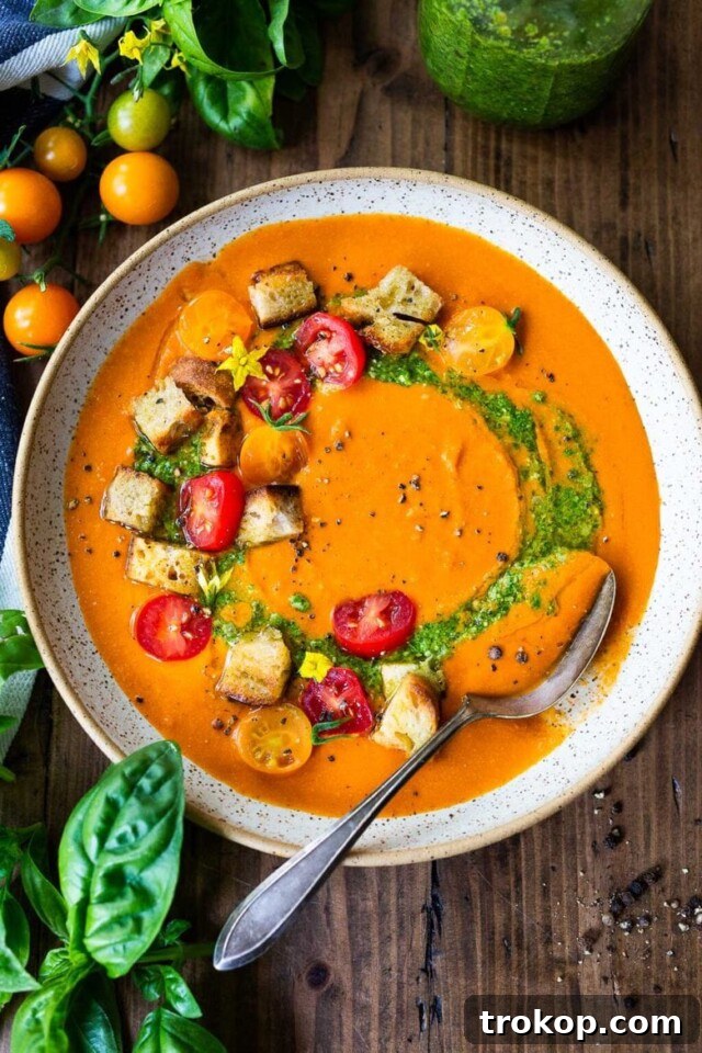 Classic homemade vegetarian tomato soup, garnished with basil
