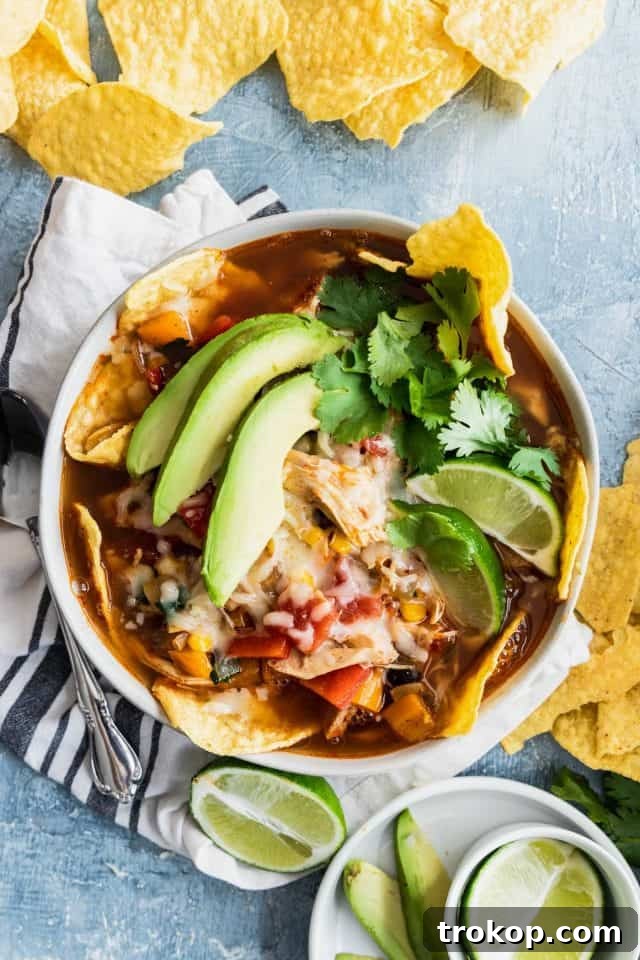 Hearty chicken tortilla soup with crispy tortilla strips and fresh toppings