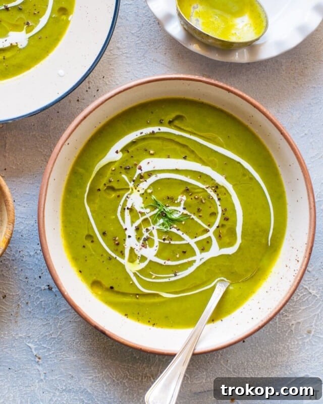 Easy vegan Instant Pot zucchini soup, garnished with fresh herbs