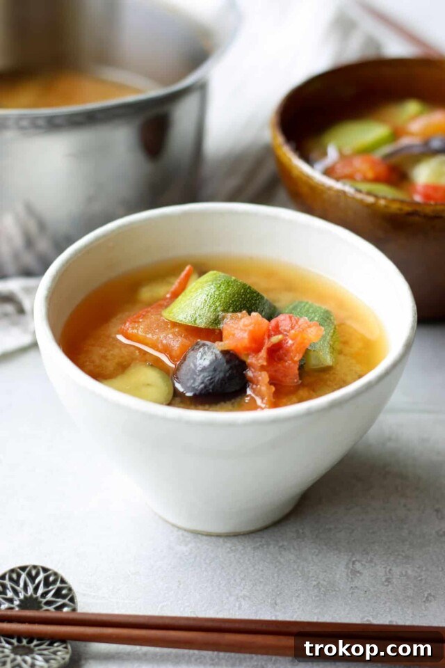 Light and savory summer vegetable miso soup with zucchini and eggplant