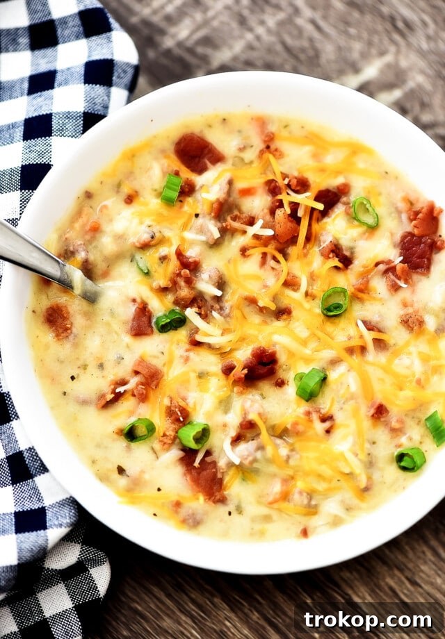 Hearty slow cooker bacon cheeseburger soup, garnished with green onions