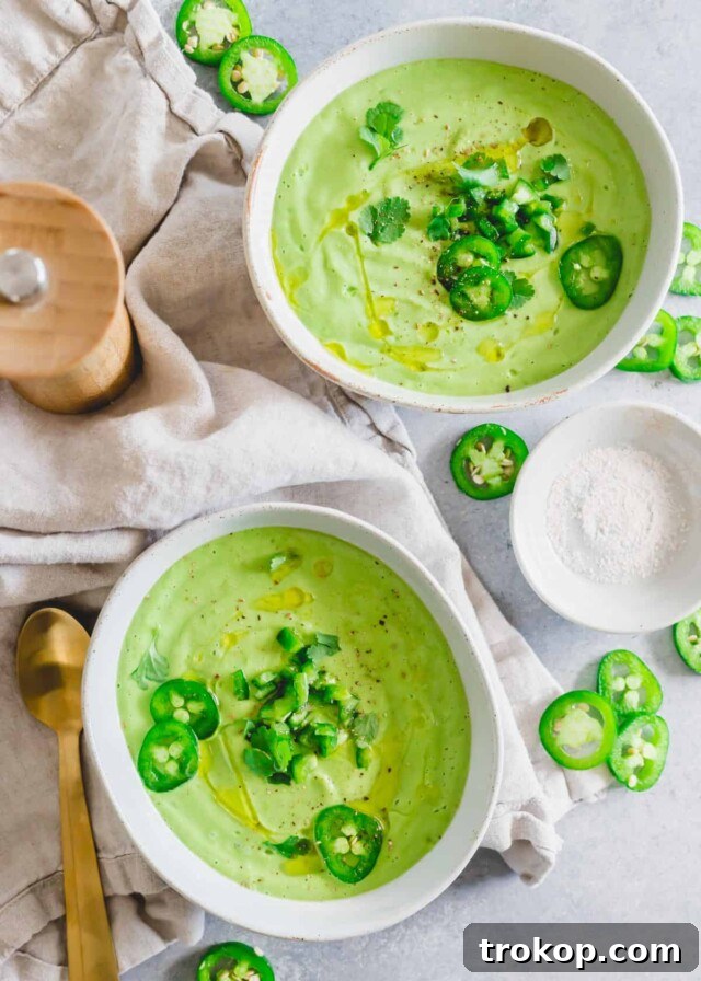 Smooth and refreshing cold avocado soup, vegan