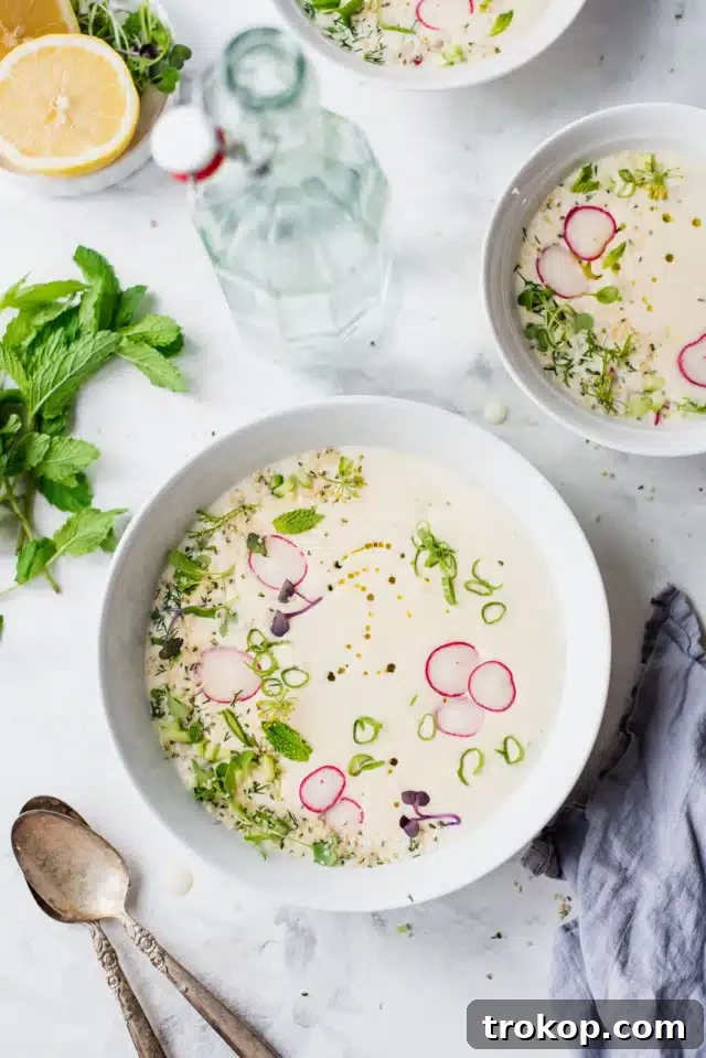 Traditional Russian cold summer soup, Okroshka, with fresh vegetables