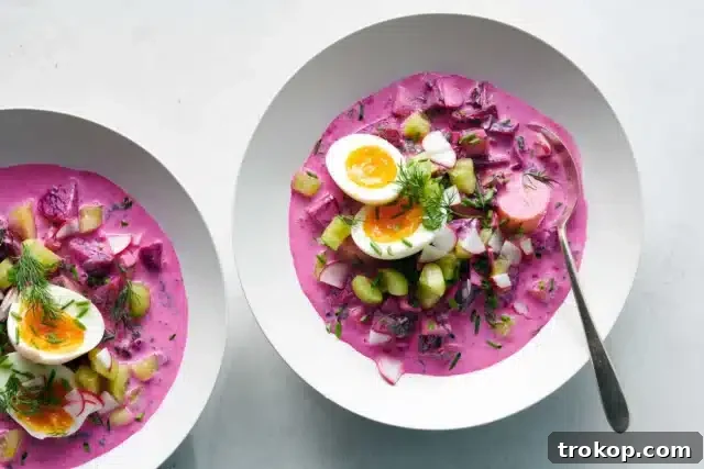Vibrant magenta chilled beet soup (Chłodnik Litewski), garnished with herbs