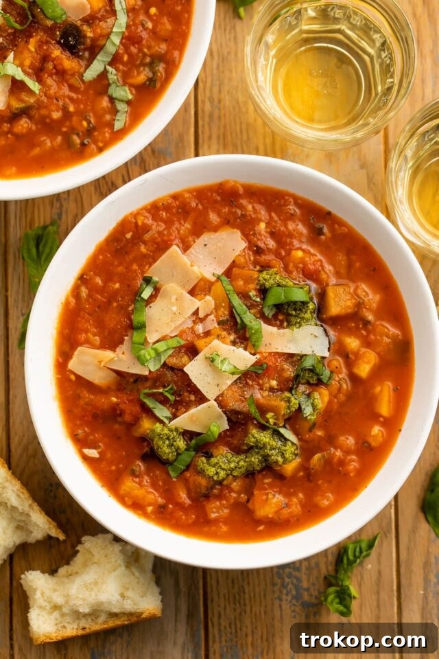 Hearty ratatouille soup with colorful summer vegetables