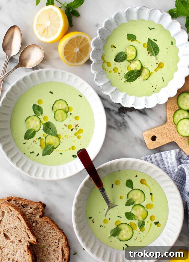 Creamy cold cucumber soup in a bowl, garnished with fresh herbs