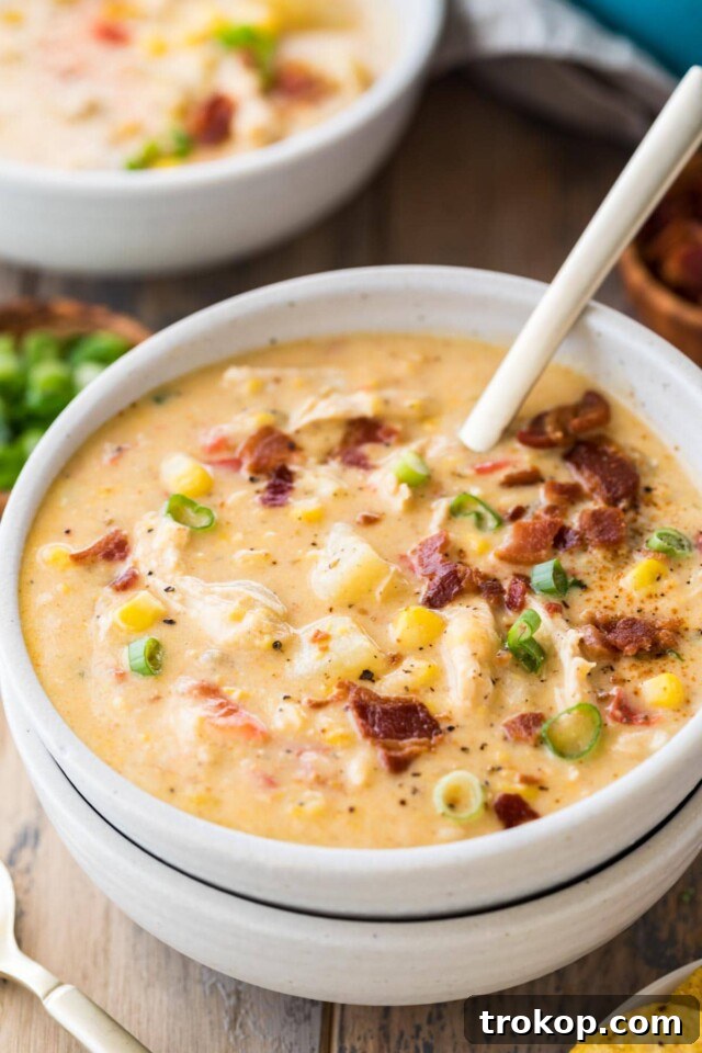 Hearty chicken corn chowder with crispy bacon bits