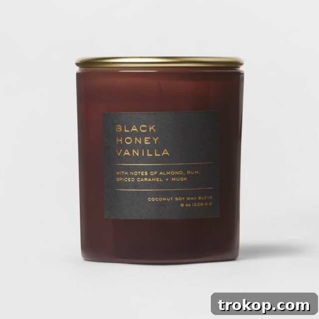 Black Honey Vanilla Scented Candle in a lidded glass jar, gifts under $10